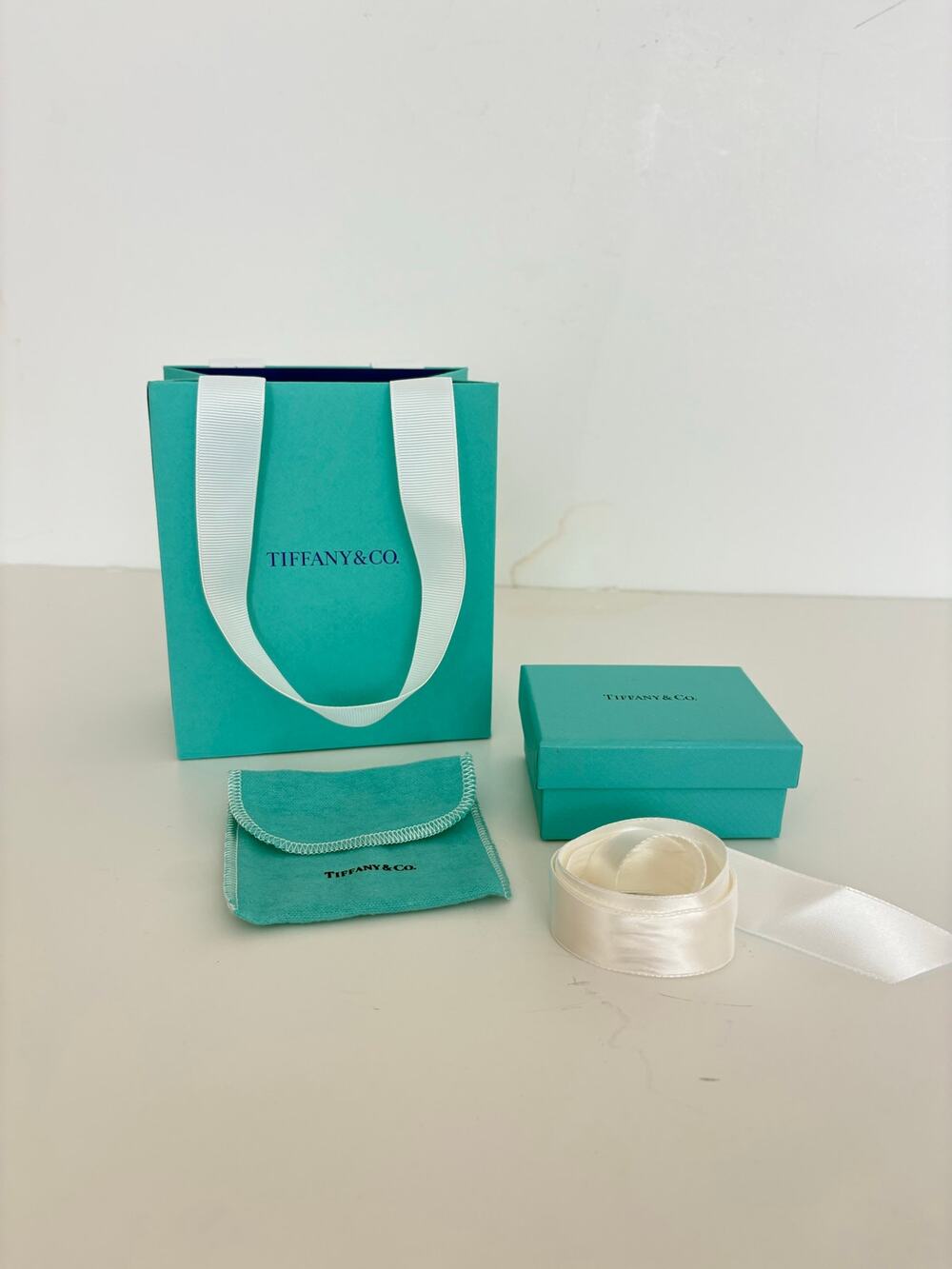Tiffany & Co. Jewelry Gift Packaging Set Box Pouch Bag White Ribbon 4 P